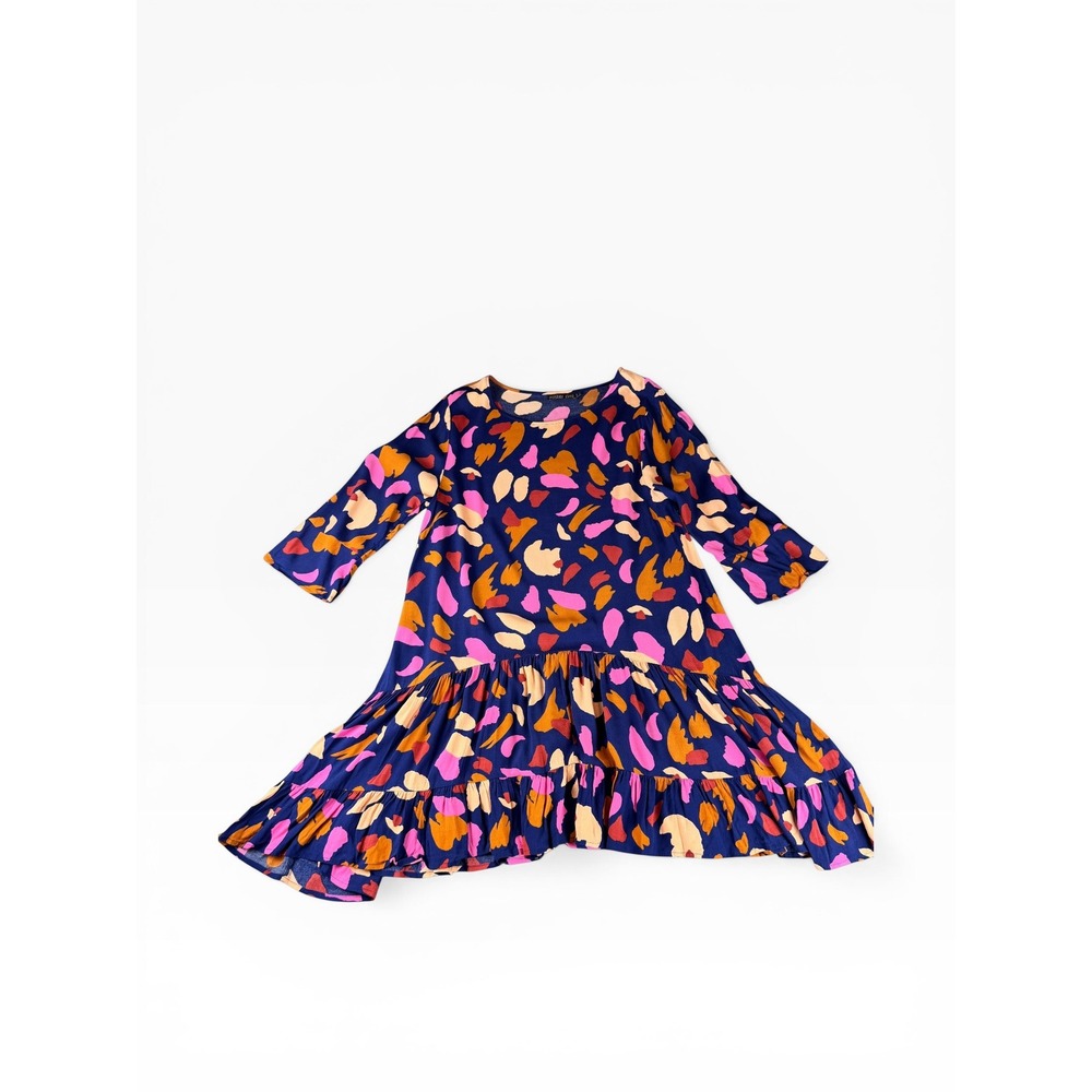 Mister Zimi Navy Blue Abstract Print Tiered Ruffle Shift Dress Womens Size US 10